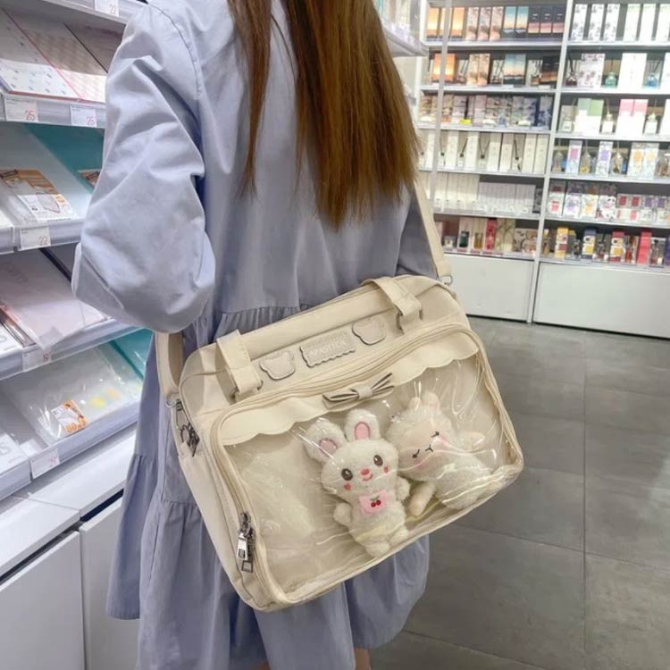 ビニールバッグ 痛BAG 普段使い 缶バッジ 通勤 可愛い 透明 ショルダーバッグ 痛バ トートバッグ 2WAY 斜めかけ 肩掛け｜くらさぽ