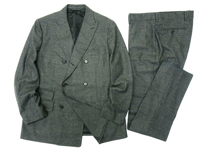 D\u0027URBAN ダーバン 日本製 イタリア製出どころ Loro Piana社 羊毛100％ メランジ調 6B 否タック ダブル背広 上衣 スラックスズボン下 1009400837 定16.7万 緑であること A6-1 AB5-2 AB6-3▲200▼20127r01