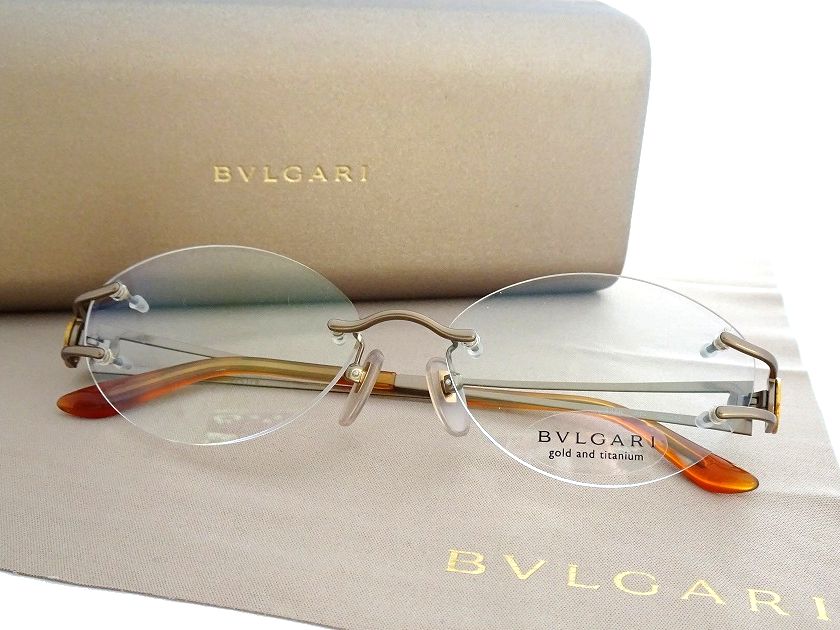 【中古】【新古品・未使用品】BVLGARI ブルガリ 日本製 750刻印 ゴールド チタン ツーポイント フレームレス オーバル 眼鏡 メガネ サングラス アイウェア 243TK 定価13,4万 ゴールド ブラウン 56□16-140▲120▼40425k11