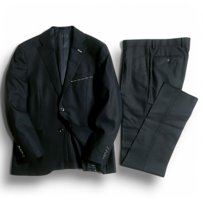 DEGE&SKINNER ディージ&スキナー 大賀 日本製 ウール混 シャドー マイクロチェック 2B 1タック シングルスーツ ジャケット スラックスパンツ 548A9001 ダークネイビー AB4▲074▼50207k07