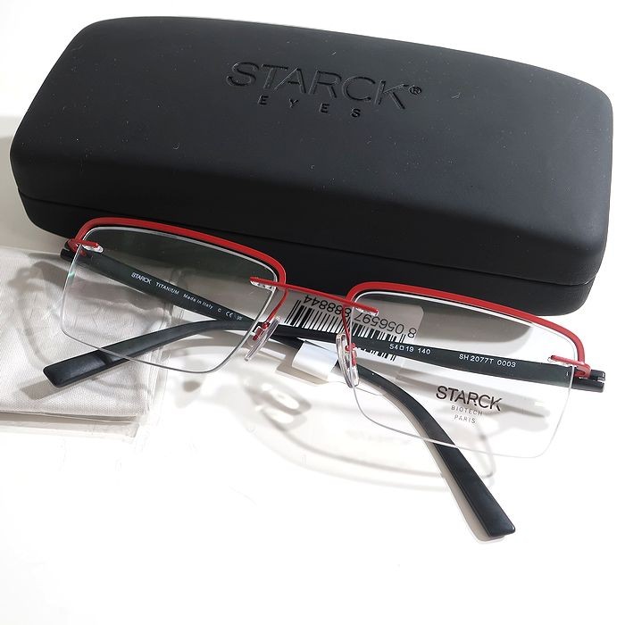 【中古】【新古品・未使用品】STARCK EYES alain mikli スタルク アイズ アランミクリ イタリア製 ハーフリム ナイロール チタンフレーム スクエア 眼鏡 メガネ サングラス SH2077T レッド ブラック 54□19 140▲060▼50604k05