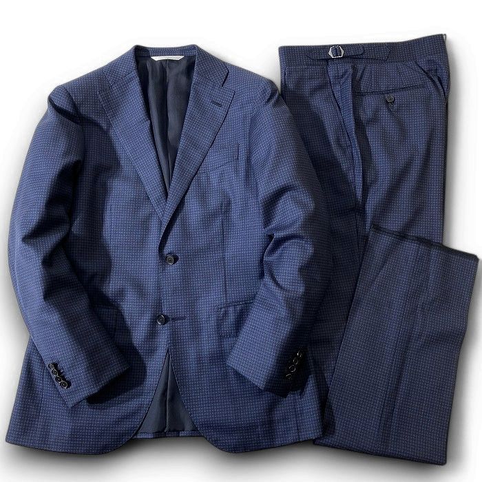 RICHIESTA リキエスタ 大賀 日本製 英国製高級生地使用 DORMEUIL EXEL ストレッチウール ミニチェック柄 2B ワンタック シングルスーツ ジャケット パンツ スラックス 187A8830 ネイビー AL ▲074▼41211w03