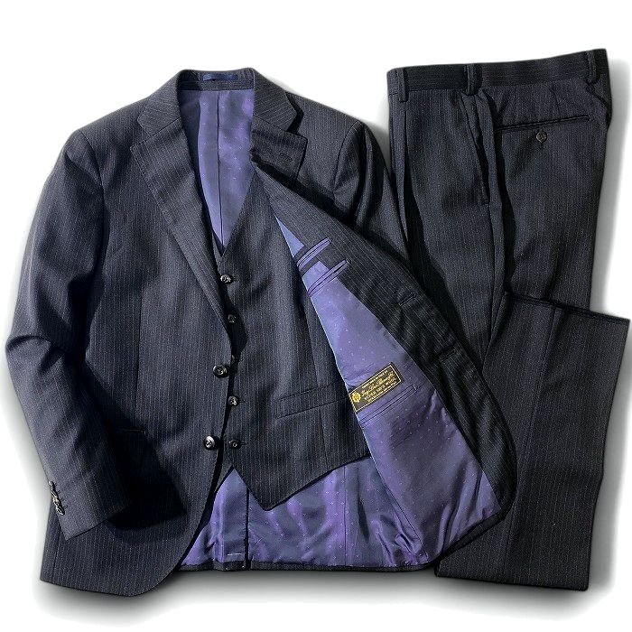 GIVERDYE BEST SELECTION ジバルディ 大賀 日本製 イタリア製生地使用 LoroPiana Super 130'S Wool ウール100% ピンストライプ柄 2B ワンタック 3ピース シングルスーツ ジャケット ベスト ジレ パンツ スラックス 187C8222 ブラックグレー AM-01 AL-02 ▲074▼50124w04|FASHION SELECT SHOP クローラー