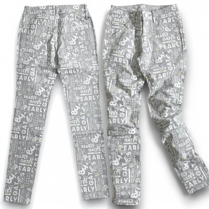 【中古】【新古品・未使用品】PEARLY GATES パーリーゲイツ ゴルフ GRAFFLEX コットン混 グログランどうしちゃったPGプリント 総柄 ストレッチ ロングパンツ ゴルフウェア レディース 055-2231020 定価3.1万 ライトグレー 00-00 0-01 1-02 2-03▲035▼50221w04