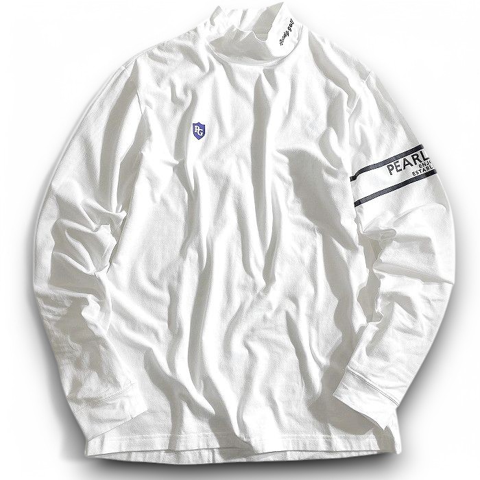 【中古】【新古品・未使用品】PEARLY GATES パーリーゲイツ ゴルフ 日本製 コットン混 ベア天竺 ワンポイントロゴ 無地 ストレッチ モックネック 長袖 インナーシャツ カットソー ゴルフウェア 053-2266901 定価1.3万 ホワイト 6 ▲015▼50304w02