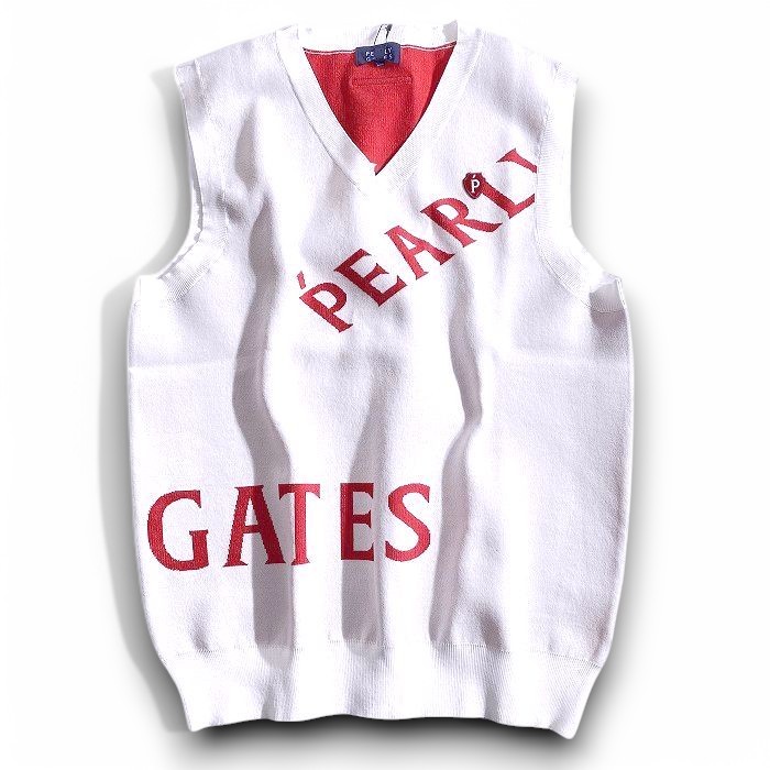 【中古】【新古品・未使用品】PEARLY GATES パーリーゲイツ ゴルフ 吸汗速乾 ローカルポリ メゾンロゴ柄 Vネック ニット ベスト ゴルフウェア 053-2173307 定価2.5万 ホワイト レッド 4-01 5-02 ▲028▼50219w05