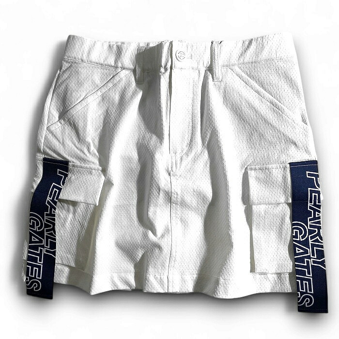 【中古】【新古品・未使用品】PEARLY GATES パーリーゲイツ ゴルフ 吸水速乾 VERTICAL ナイロン混タスラン カーゴポケット サイドロゴテープ ストレッチ ミニ スカート ゴルフウェア レディース 055-2134410 定価2.8万 ホワイト 00-00 0-01 1-02 ▲032▼50616w09