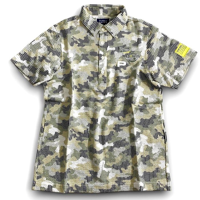 【中古】【新古品・未使用品】PEARLY GATES パーリーゲイツ ゴルフ 日本製 ドライタッチ 清涼シアサッカー カモストライプ柄 迷彩柄 ストレッチ 半袖 ポロシャツ ゴルフウェア 053-2160507 定価2万 ミックスグリーン ホワイト 3 ▲021▼50902w13