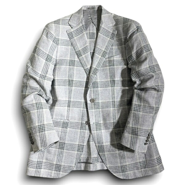 【中古】【新古品・未使用品】RICHIESTA リキエスタ 大賀 日本製 イタリア製生地 VITALE BARBERIS CANONICO Vintage リネン シルク コットン チェック柄 2B テーラードジャケット 182J0816 ライトグレー グリーン AL▲067▼60122w01