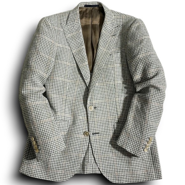 【中古】【新古品・未使用品】RICHIESTA リキエスタ 大賀 日本製 イタリア製生地 VITALE BARBERIS CANONICO Vintage リネン シルク コットン 千鳥柄 オーバーウィンドペン柄 2B テーラードジャケット 188J9219 ナチュラル グリーン ブラウン ABM ▲067▼60122w03｜FASHION SELECT SHOP クローラー