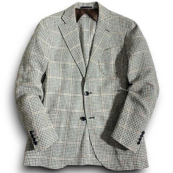 【中古】【新古品・未使用品】RICHIESTA リキエスタ 大賀 日本製 イタリア製生地 VITALE BARBERIS CANONICO Vintage リネン シルク コットン 千鳥柄 オーバーウィンドペン柄 2B テーラードジャケット 188J9255 ナチュラル グリーン ブラウン AL ▲067▼60122w07|FASHION SELECT SHOP クローラー