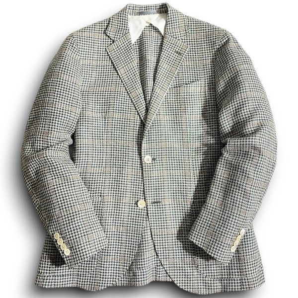 【中古】【新古品・未使用品】RICHIESTA リキエスタ 大賀 日本製 イタリア製生地 VITALE BARBERIS CANONICO Vintage リネン シルク コットン 千鳥柄 オーバーウィンドペン柄 2B テーラードジャケット 188J9808 ナチュラル グリーン ブラウン 48R(AL) ▲067▼60122w08|FASHION SELECT SHOP クローラー