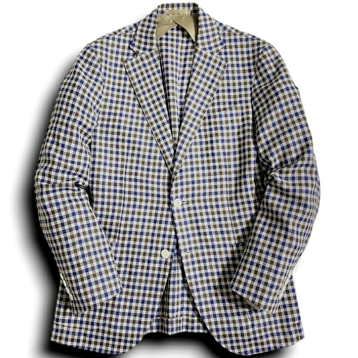 【中古】【新古品・未使用品】RICHIESTA リキエスタ 大賀 日本製 英国製生地 MARLING&EVANS シルク リネン ウール 毛麻絹 ギンガムチェック柄 2B テーラードジャケット 182J0241 ベージュ ブラウン ブルー AL ▲067▼60128w06