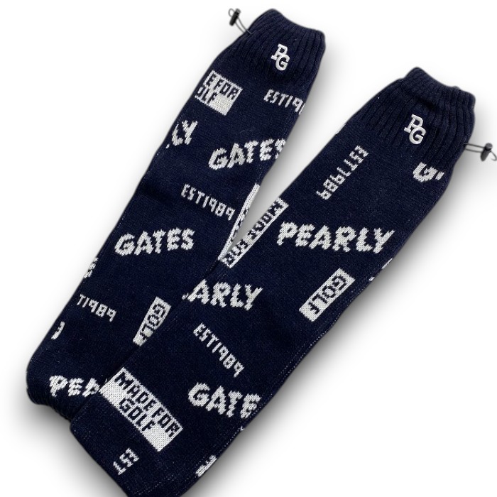 【中古】【新古品・未当て嵌める品】PEARLY GATES パーリーゲイツ ゴルフ 日本製 羊毛混編み物 ロゴジャガード 総柄 ドローコード レッグウォーマー レッグカバー ゴルフお召しもの レディース 053-2283110 通貨価値1.5万 ネイビーブラック 白いこと FR ▲017▼51202w07