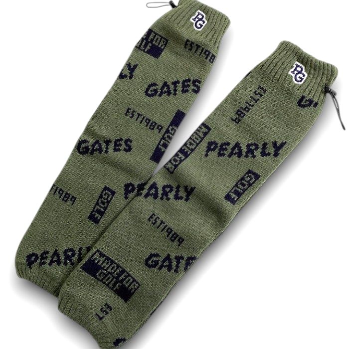 【中古】【新古品・未当て嵌める品】PEARLY GATES パーリーゲイツ ゴルフ 日本製 羊毛混編み物 ロゴジャガード 総柄 ドローコード レッグウォーマー レッグカバー ゴルフお召しもの レディース 053-2283110 通貨価値1.5万 オリーブカーキ 黒いこと FR ▲017▼51202w08
