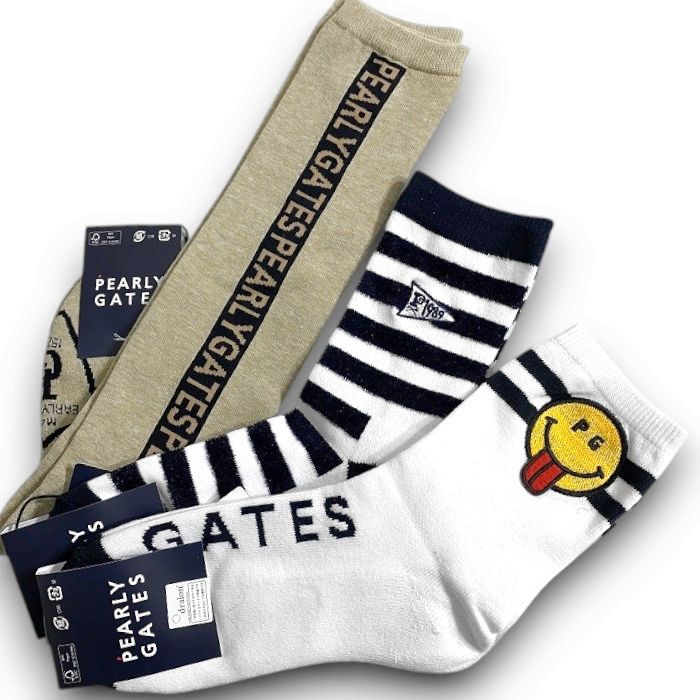 【中古】【新古品・未当て嵌める品】PEARLY GATES パーリーゲイツ ゴルフ ロゴタイプ 間借り人柄 真っただ中靴下 ハイソックス  ソックス ゴルフ御召しもの レディース 3P 3足書き割り アソート 053-2286016/2286010/2286102 通貨価値9千 白いこと ベージュ ネイビーブラック 22～24 ▲011▼51225w01