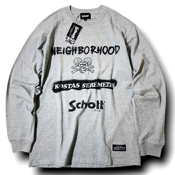 【中古】【新古品・未使用品】Schott N.Y.C. × NEIGHBORHOOD ショット ネイバーフッド Kostas Seremetis コットン天竺 グラフィックプリント クルーネック 長袖 Tシャツ ロンT カットソー 782-3230020 定価1.3万 メランジグレー S ▲017▼60414w04