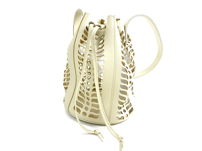 MODERN WEAVING モダンウィービング USA製 MINI JUTE DIE CUT BUCKET 本革 透かし加工 カウレザー ショルダーバッグ ハンドバッグ 巾着バッグ 鞄 MW121J 定5.9万 Putty▲054▼20721m16