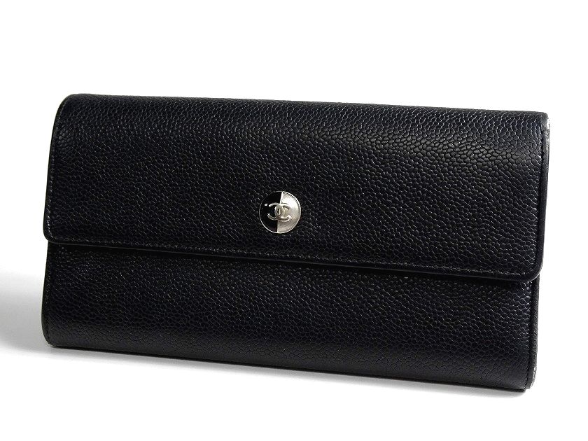 【中古】CHANEL シャネル イタリア製 バイ色つや ココボタン キャビア人はだ なめし革 長紙入れ ロングウォレット 黒 ▲100▼40426m01_g used