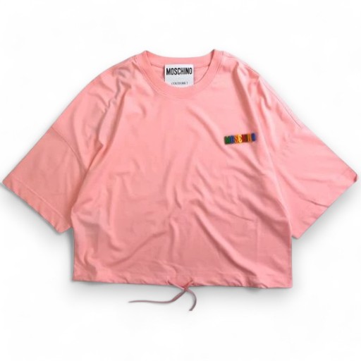 MOSCHINO COUTURE! モスキーノ イタリア製 3D 立体 ラバーロゴ ドローコード付 ショート丈 半袖 Tシャツ A0701 定4.9万 ピンク 36-01 38-02▲058▼20930k08