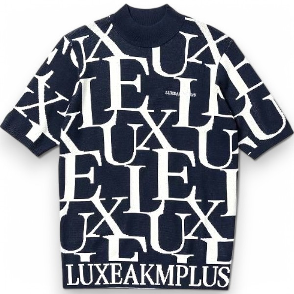LUXEAKMPLUS リュクスエイケイエムプラス GOLF ゴルフ 総柄ロゴ 半袖 モックネックニット ゴルフウェア スポーツウェア LAK-23001 定価1.3万 ブラック M▲038▼30901h03