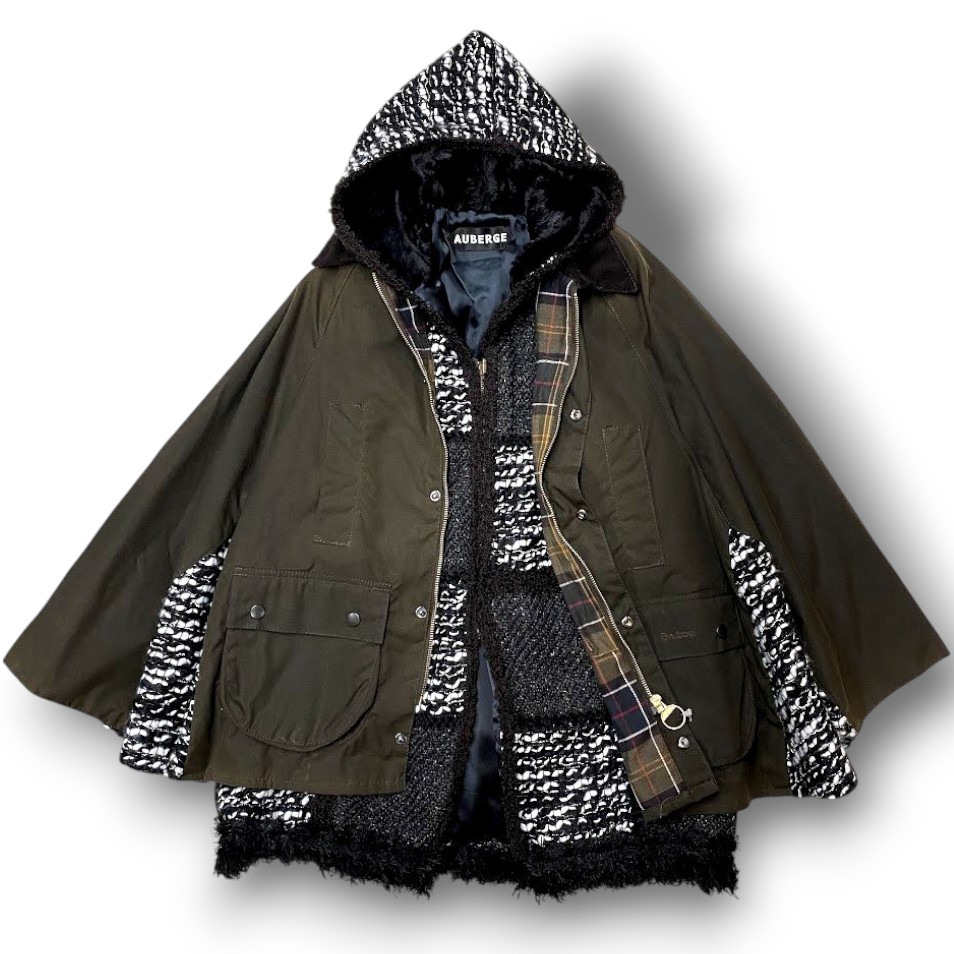 【中古】【新古品・未使用品】Barbour バブアー AUBERGE オーベルジュ 英国製 BEDALE 襟コーデュロイ ツイードパッチワーク フードベスト レイヤード 2WAY オイルド ポンチョ ジャケット レディース 1901234 カーキ XL▲030▼51105m05
