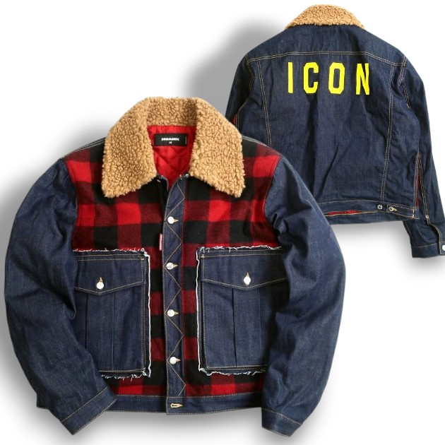 Dsquared2 ディースクエアード イタリア製 SPORTSJACKET ブロックチェック柄切替 襟ボア 中綿入キルティング デニムジャケット Gジャン S74AM0922 定15.8万 レッド インディゴ 52▲454▼20106k03|FASHION SELECT SHOP クローラー