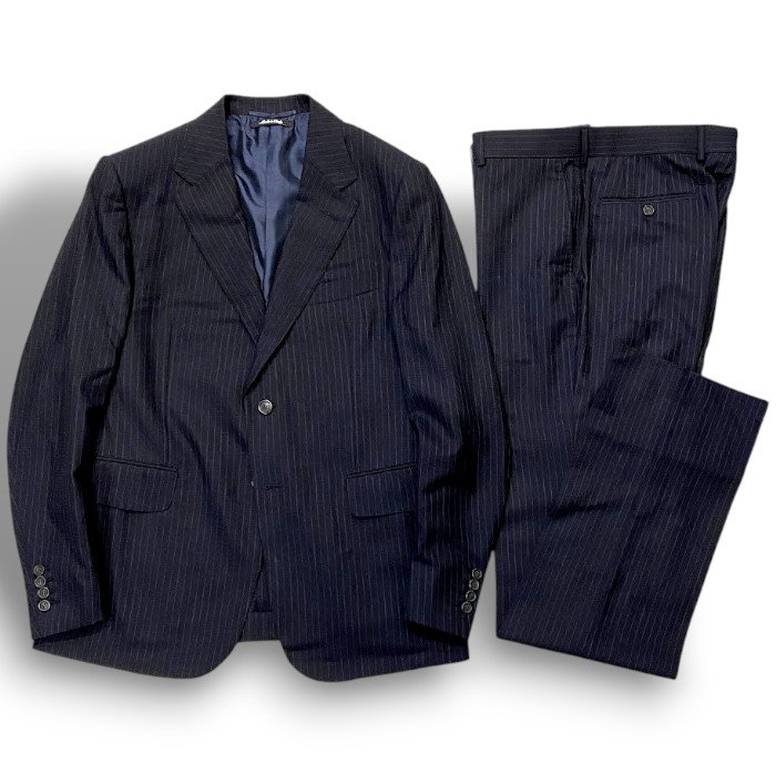 【中古】【新古品・未使用品】dunhill LONDON ダンヒル イタリア製 KENSINGTON  ピンストライプ柄 高品質ウール100％ 裏地シルク混 2B ノータック シングルスーツ テーラードジャケット パンツ スラックス ネイビー 52▲000▼60130m02