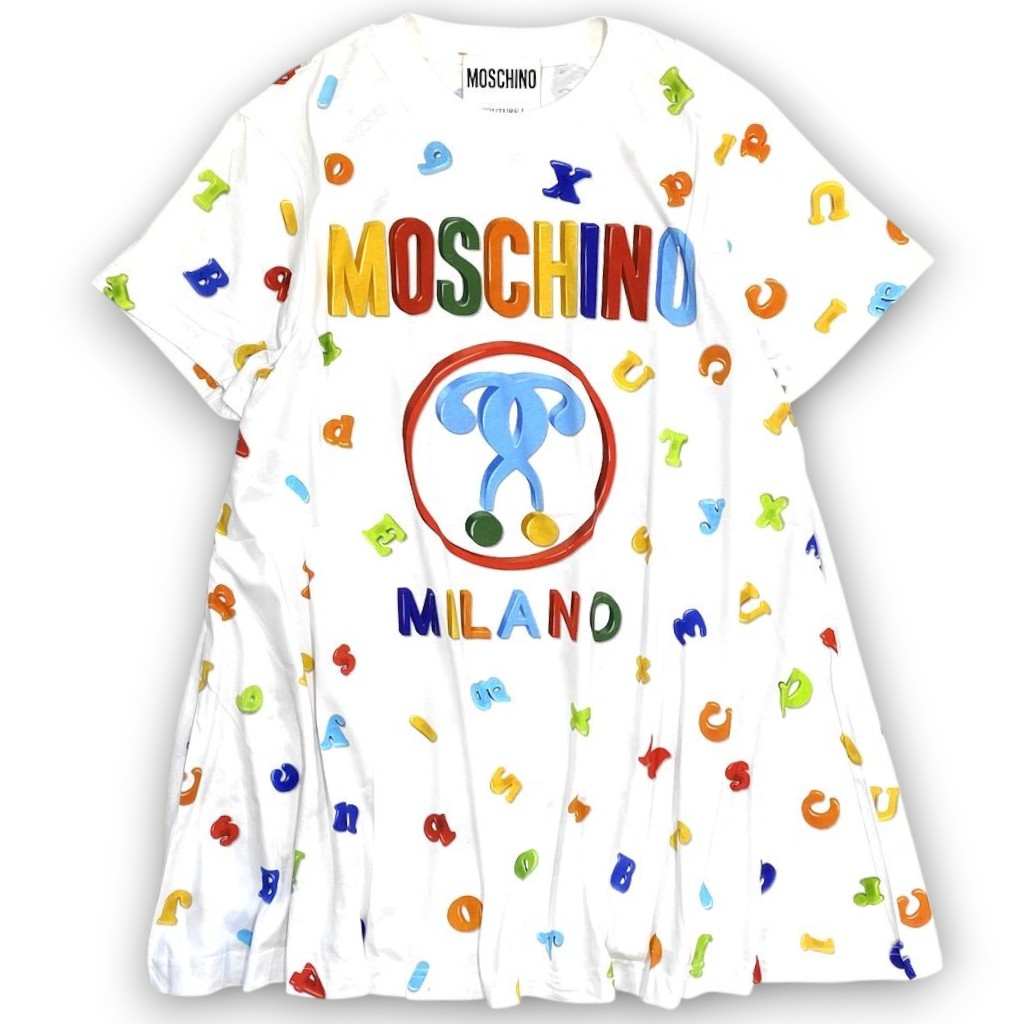 MOSCHINO COUTURE! モスキーノ フルカラー 総柄 ロゴプリント 半袖 Tシャツ ショート丈 ワンピース ミニワンピース レディース A0445 定9.9万 ホワイト 36-01 38-02 40-03▲117▼20930k06｜FASHION SELECT SHOP クローラー