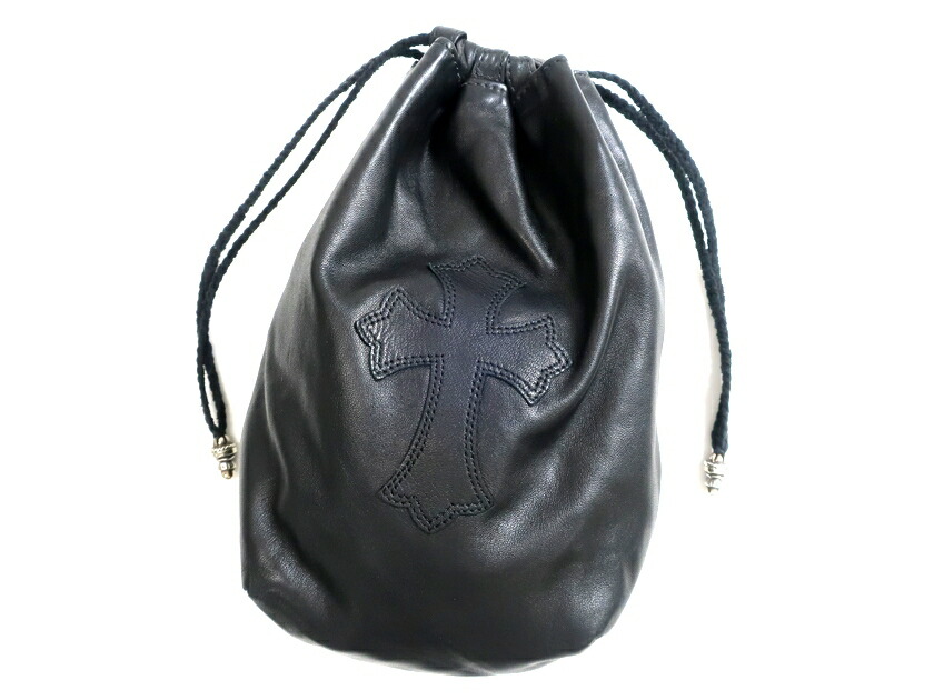 中古 Chrome Hearts クロムハーツ 本革 クロスレザーパッチ ロゴプレート ドローストリングサック レザーポーチ 巾着 定18 5万 ブラック 700 k19 女性の持つ看板をみてビルに入った80代男 Pmti Us