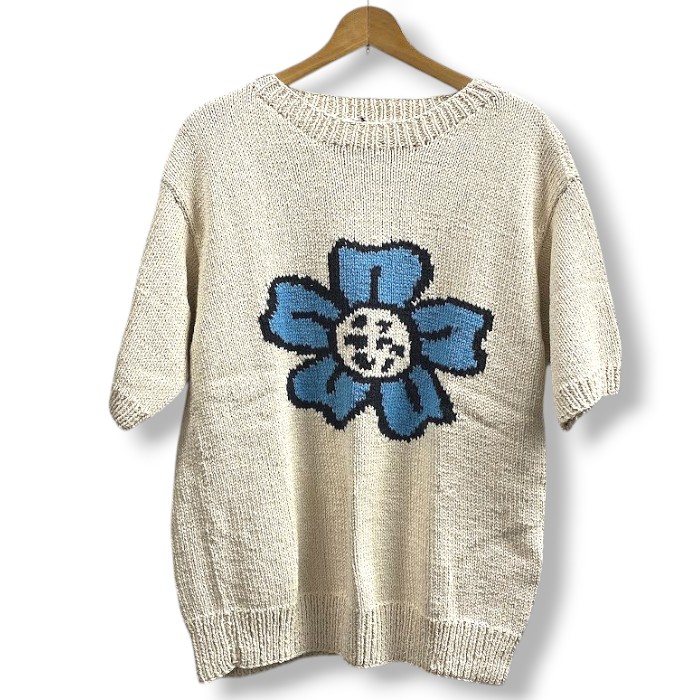 【中古】【新古品・未使用品】Mcmachan Woolen マクマホン マクマーンウーレン ネパール製 手編み ハンドメイド コットン100% 花柄 フラワー柄 半袖 ニット セーター ベージュ×ブルー ▲000▼51017s01