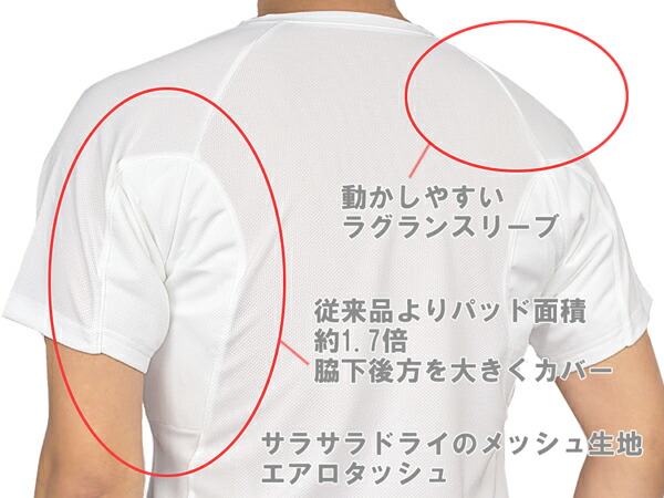 楽天市場 メール便発送 送料無料 ワキ汗対策 インナー 脇汗パッド付きシャツ ワイドパッド エアロタッシュ ラグラン 日本製 メッシュ生地 多汗 症 メンズ 吸水速乾 抗菌防臭 接触冷感 汗染み対策 消臭 クールビズ インナーショップ