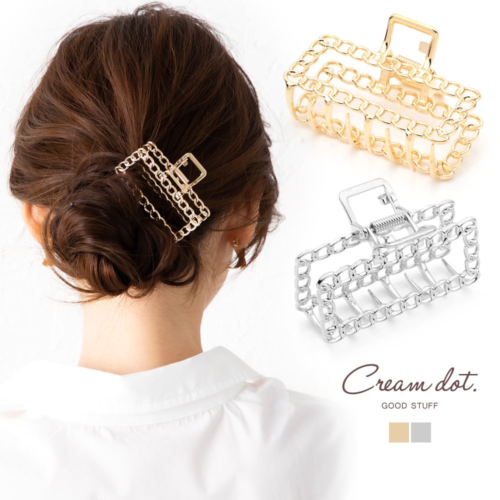 楽天市場 全品送料無料 P最大43倍 バンスクリップ ヘアクリップ おしゃれ レディース ブランド ヘアアクセサリー 大きい メタル スクエア 四角 くり抜き チェーン 大人 上品 エレガント カジュアル きれいめ シンプル フェミニン ゴールド シルバー Cream Dot