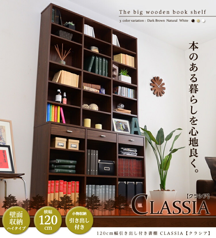 ハイタイプ 本棚 引き出し付き 大容量 可働棚 小物 書棚 幅120cm 壁面収納 書斎用 子供部屋 本収納 便利 機能的 本のある暮らし ナチュラル SHETD-120|ミラクル ガーマ