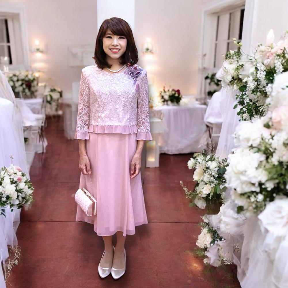 【レンタルドレス】叔母様レンタルドレス袖ありドレス【ロメリアドレス】フェミニンな雰囲気に?40代50代ミセス 叔母フォーマルドレスM～Lサイズ叔母ドレス レンタルドレス 叔母さまドレスミセスお呼ばれドレス   結婚式のお呼ばれ パーティードレス ピンク