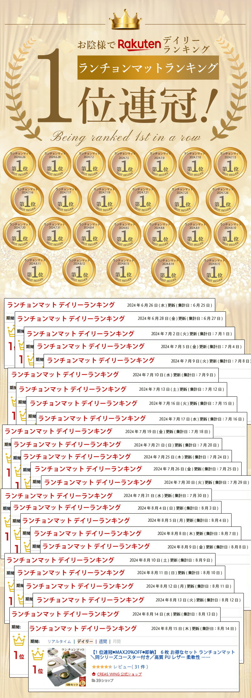 【09/30迄★50%OFF】1位連冠 ランチョンマット＼同シリーズコースター付き／高質PUレザー レストラン用 丸洗いOK 撥水 柔軟性 厚手 断熱 滑り止め お手入れ簡単 丸水洗い キッチン レストラン用 ホテル 華やか 耐久性 飾り 幼稚園 家庭