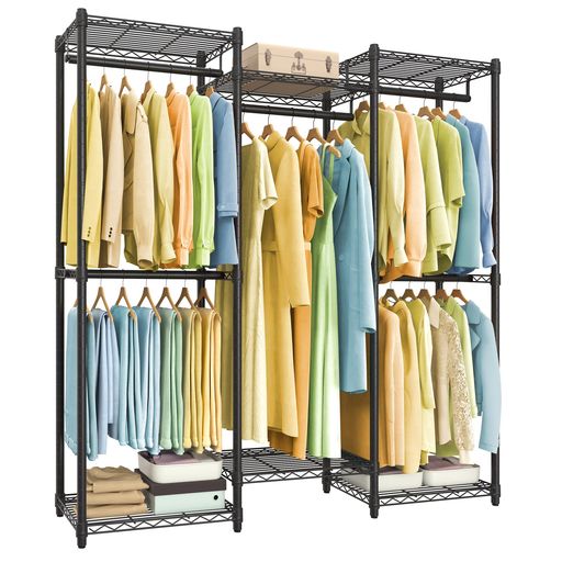 SONGMICSハンガーラック頑丈大容量洋服かけスタンド耐荷重190kg幅144.4cm衣装収納パイプハンガー調整可能な棚とポール付きスチールラック黒LGR432B01