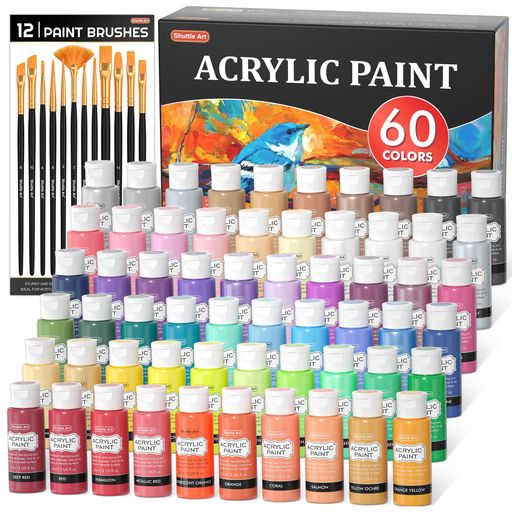 ShuttleArtアクリル絵の具60本セット58色(白2本と黒2本入り)筆12本付き絵の具セット大容量60ml速乾耐水耐久伸びがいい鮮やかメタリック蛍光色ボトルイラスト塗り絵クラフトDIY手作りトールペ…