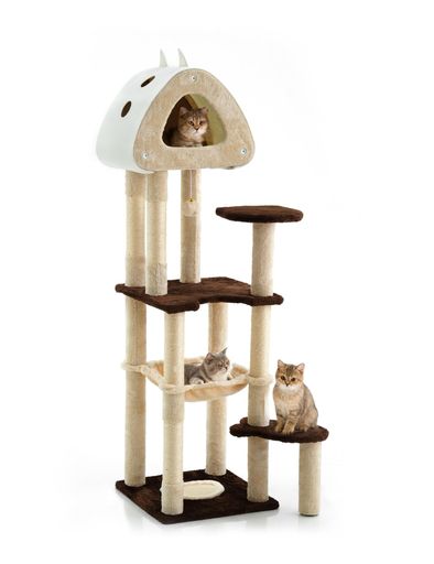 JovialJoyキャットタワースリム猫タワー据え置き多頭飼い省スペース登りやすいハンモック見晴台シニア猫ねこハウス天然麻紐爪とぎ運動不足解消かわいい組み立て簡単(ブラウン143) 6,423円