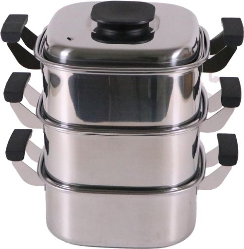 神子島製作所桃印18-0角型蒸器3段22cm内寸220x220x中段深さ90x水槽の深さ95mm3.3L