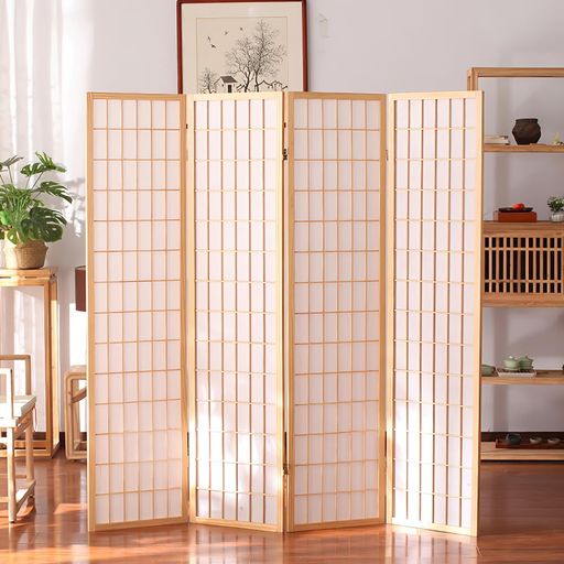 Fuyutuパーテーション4連間仕切り和風衝立高さ150/178cmスクリーンおしゃれ完成品部屋仕切り屏風目隠し軽量折りたたみ飲食店オフィス事務所(木色高さ150cm)
