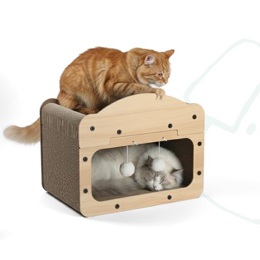 POMESEA猫爪研ぎベッドダンボールキャットハウスつめとぎ猫ハウスおもちゃ付き大型猫対応二層構造高耐久頑丈多頭飼い対応隠れ家通気性よいストレス解消組み立て簡単日本語取扱書43x29x35CM画像