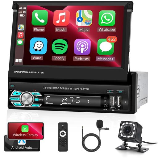 1DIN ワイヤレスCarplay&Android Auto, 7インチHDフリップアウトタッチスクリーン車のラジオ折り畳み式|クリエイトラボ