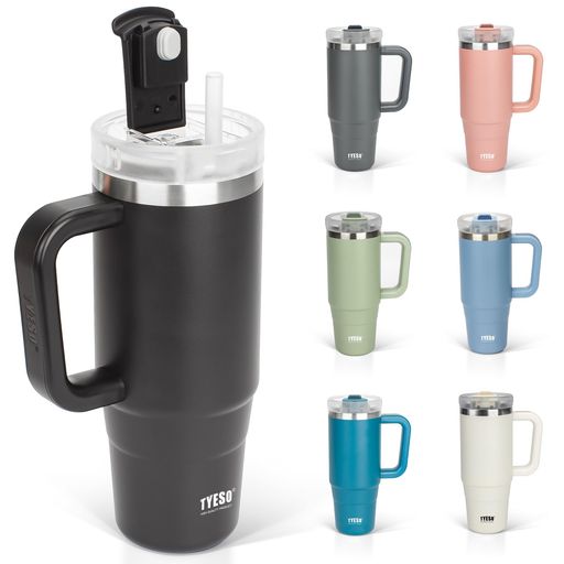 TYESOタンブラー1.2L水筒保冷ステンレスボトルウォーターボトルストロー取っ手付きジョッキアウトドア真空断熱二重構造広口大容量直飲女の子男の子1200mlブラック