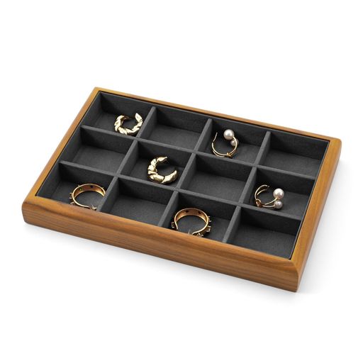 Woodtenジュエリートレイ12セルアクセサリートレイ木製指輪イヤリングカフリンクスの保管と展示に適しています(ダークグレー)P18105