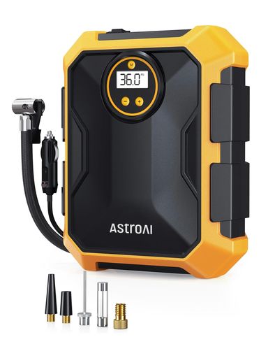 AstroAIエアコンプレッサー車の空気入れ自動車用DC12V100PSILEDライト付き自動電源オフリアルタイム画面米式/仏式対応自転車/車/ロードバイク/ボール/浮き輪/バイク/クロスバイク対応ノズル…