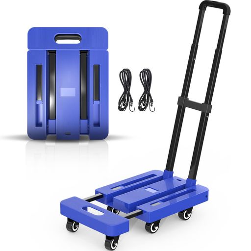 SPACEKEEPERキャリーカート折りたたみ台車耐荷重200KG軽量静音小型コンパクト手押し台車伸縮荷台固定ロープ付き運びに便利(延長型)ブルー[31.5cmx43.8~57.5cm]