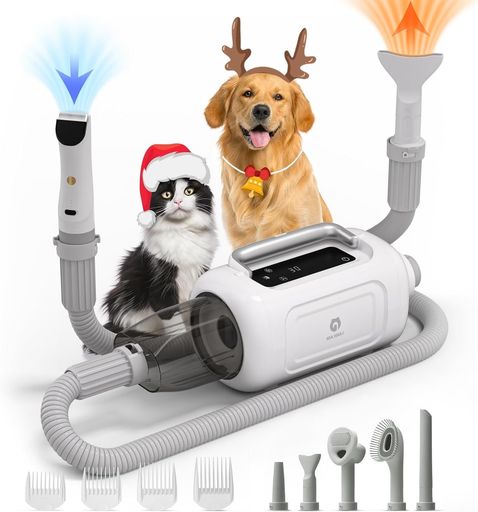 【ドライヤーと掃除機一体型】GULIGULIペット用バリカンセット6in1犬用バリカン犬猫美容器ペットグルーミングセット13300Pa超強力吸引ドライヤー風力の5段階?整可能恒温保護2段階の吸引力…
