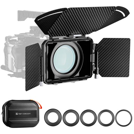 K&FCONCEPTマットボックス4x5.65インチMiniMatteBoxサイドフラグ有りカーボンファイバー製67mm/72mm/77mm/82mm/95mmのアダプターリング付き2枚の角型フィルター装着可能収納ケース付属