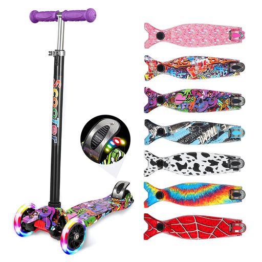 LittleSoキックスクーター三輪車キックボード子供用4段階高さ調整光るホイールLEDタイヤ持ち運び便利耐荷重50kgブレーキ男の子女の子誕生日プレゼント(パープル落書き)